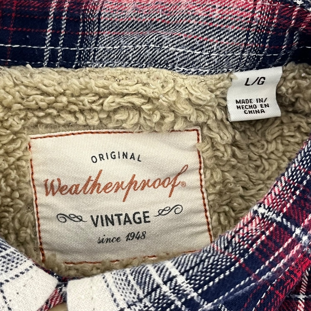 Vintage Weatherproof Mens Size L Button Up Jacket Red Blue Plaid Flannel Pockets - Picture 4 of 11